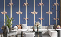 Dusty blue nautical wallpaper with rope knots in a living room setting.
