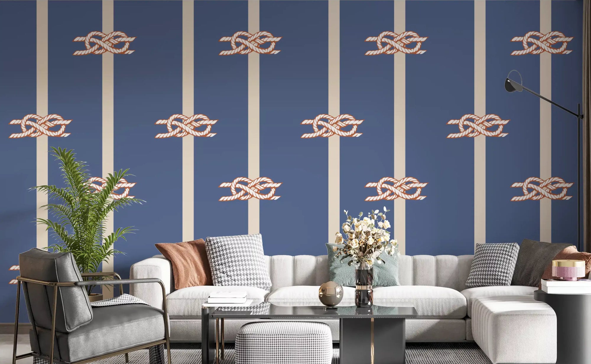 Dusty blue nautical wallpaper with rope knots in a living room setting., GD10580