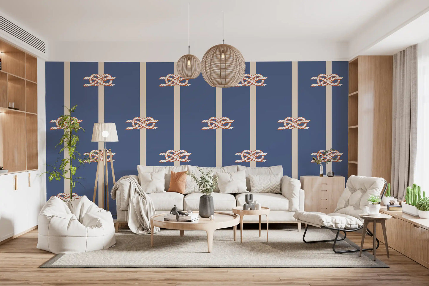 Nautical rope stripe wallpaper in a living room with dusty blue tone.