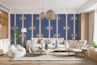 Nautical rope stripe wallpaper in a living room with dusty blue tone.