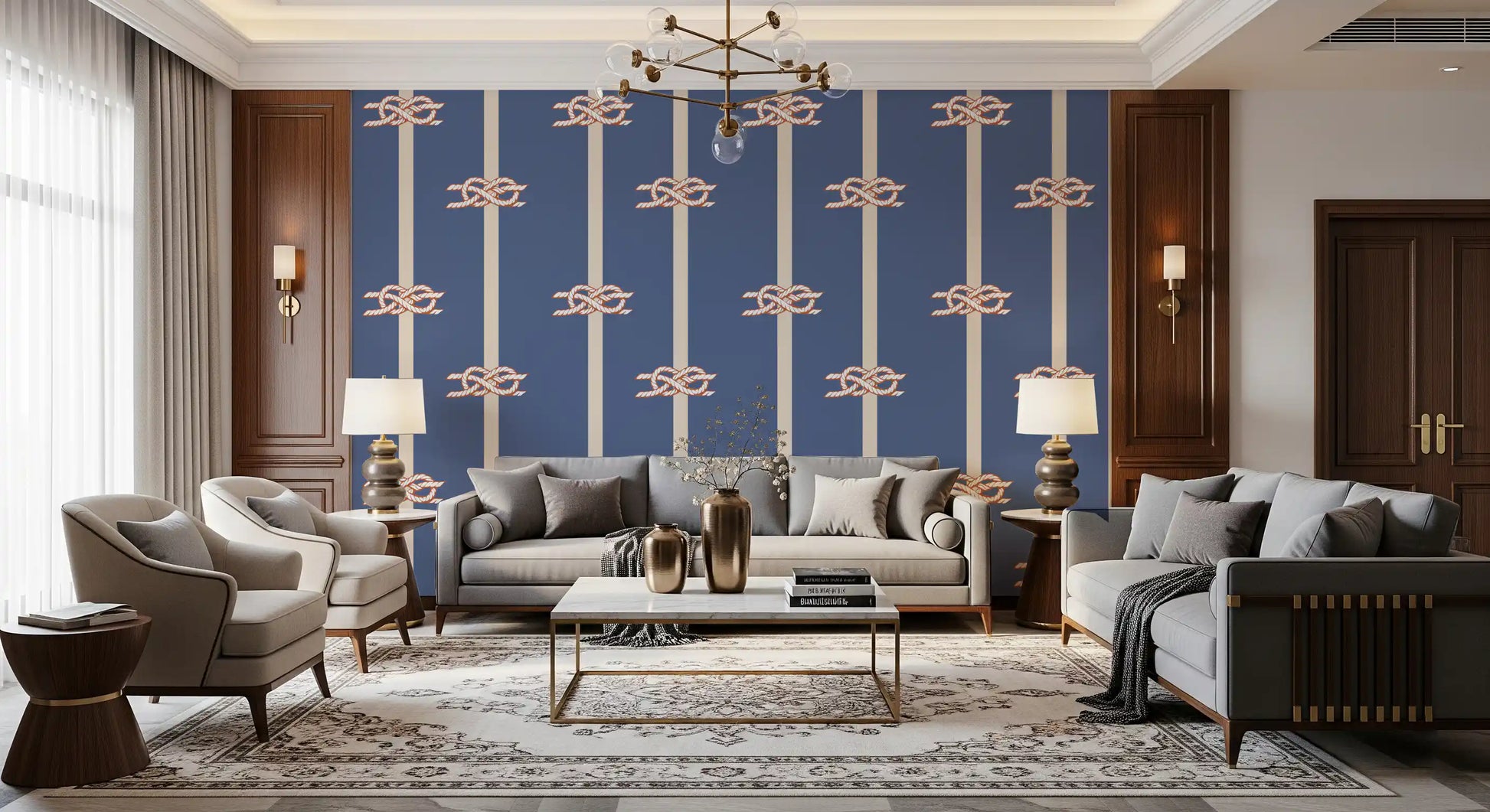 Coastal rope knot and stripe wallpaper in muted blue and terracotta tones.