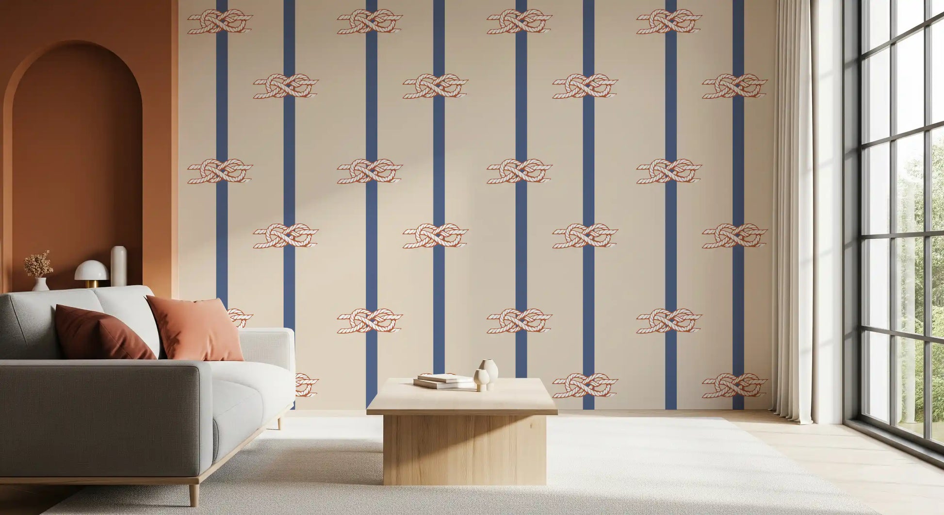Repeating nautical rope and stripe wallpaper in beige and navy tones.