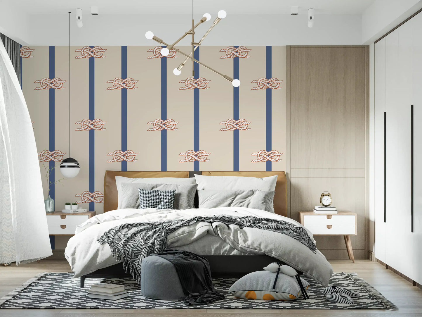 Nautical rope stripe wallpaper in a bedroom with beige and navy tones.