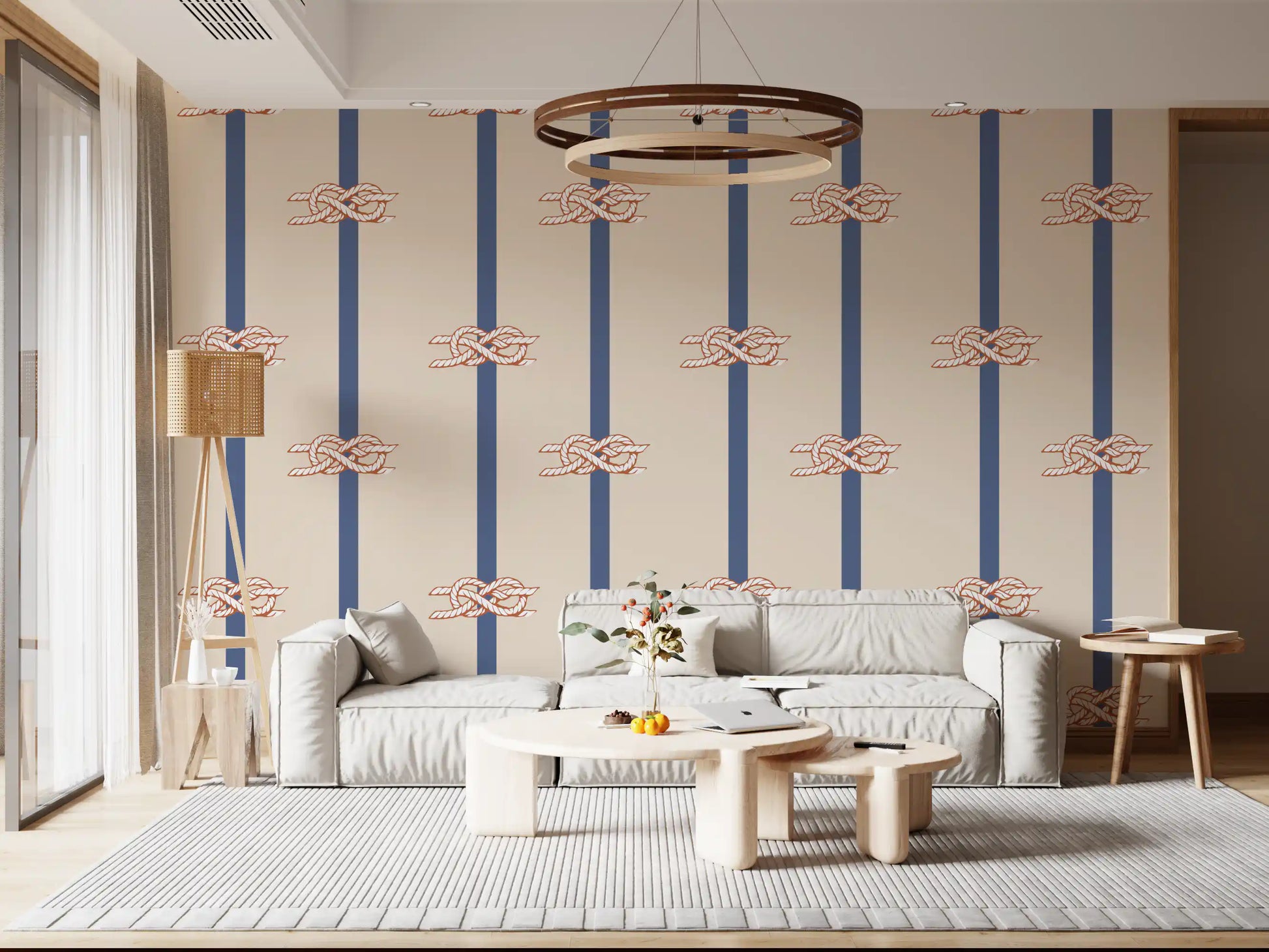 Wallpaper showing nautical rope knot pattern on warm beige background.