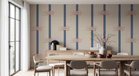 Coastal rope knot and stripe wallpaper in warm beige and navy palette in dining room.