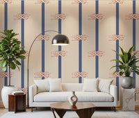 Beige navy nautical wallpaper with rope knots in a living room wall.
