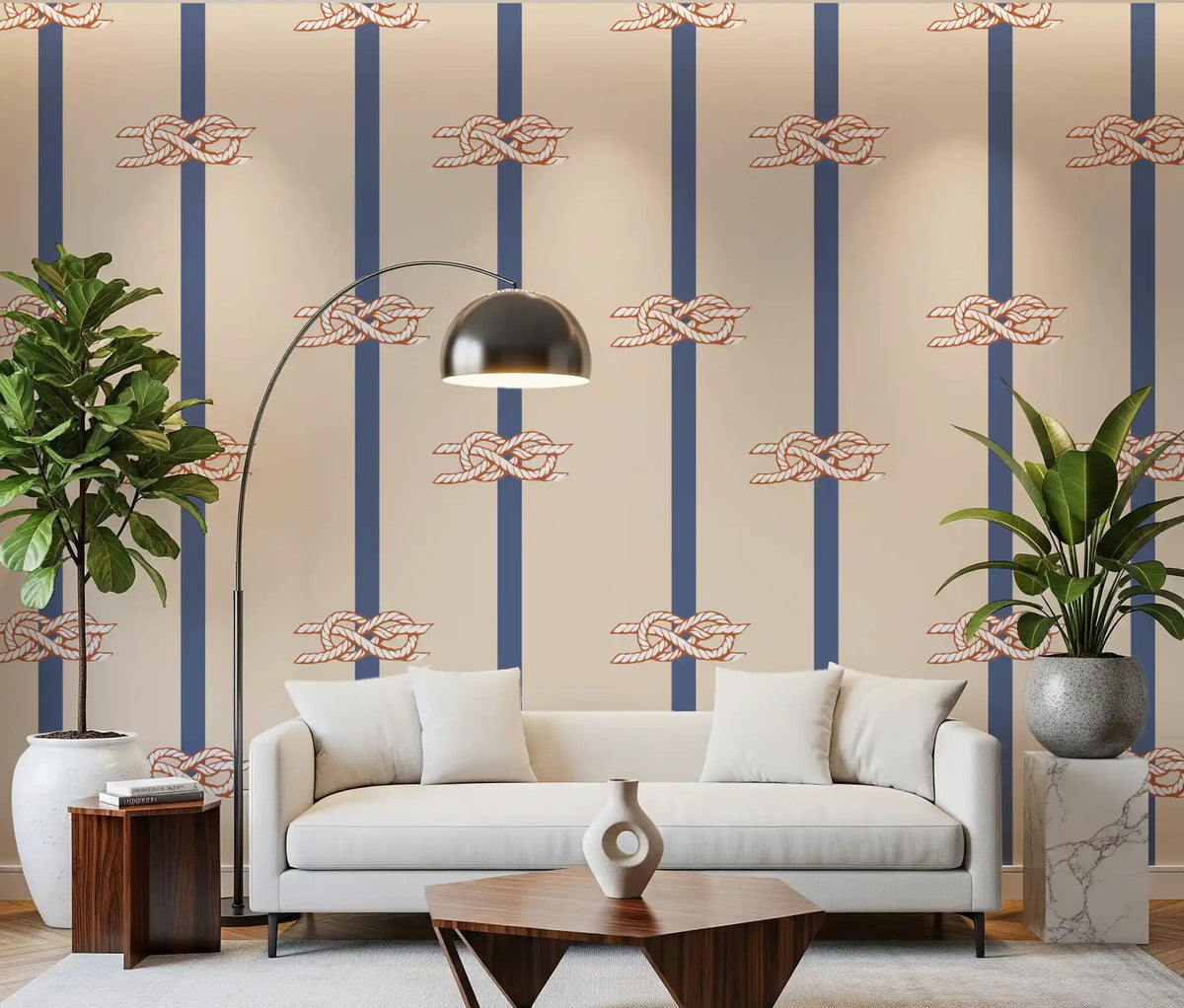 Beige navy nautical wallpaper with rope knots in a living room wall., GD10581