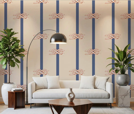 Beige navy nautical wallpaper with rope knots in a living room wall.