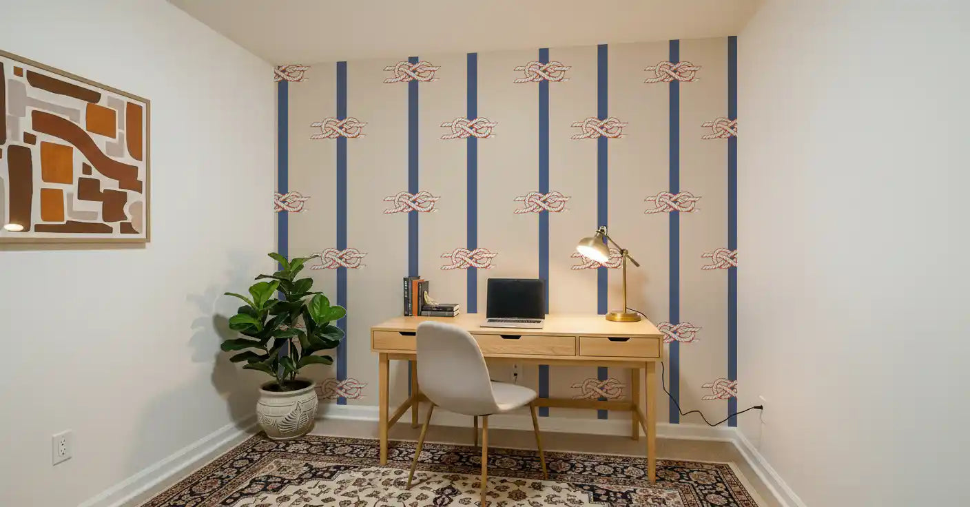 Navy vertical stripes with rope knot motifs on warm beige wallpaper.