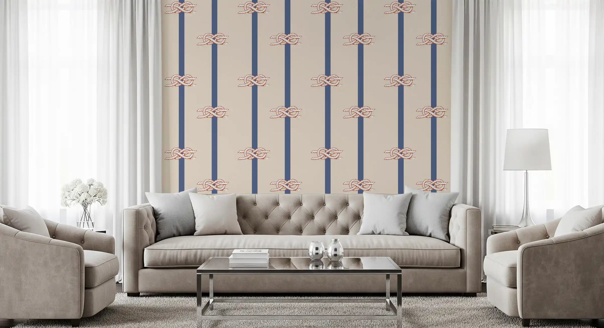 Beige wallpaper with terracotta sailor knots along navy stripe bands.