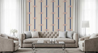 Beige wallpaper with terracotta sailor knots along navy stripe bands.