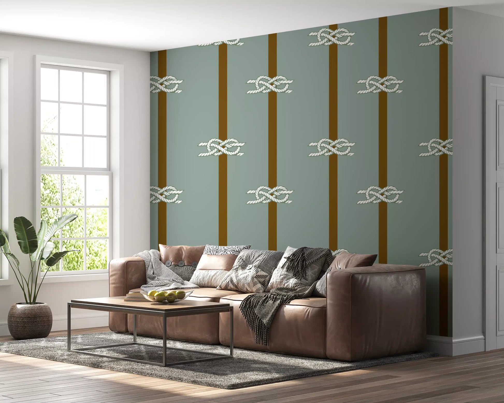 Nautical wallpaper pattern showing white rope knots on olive vertical stripes.
