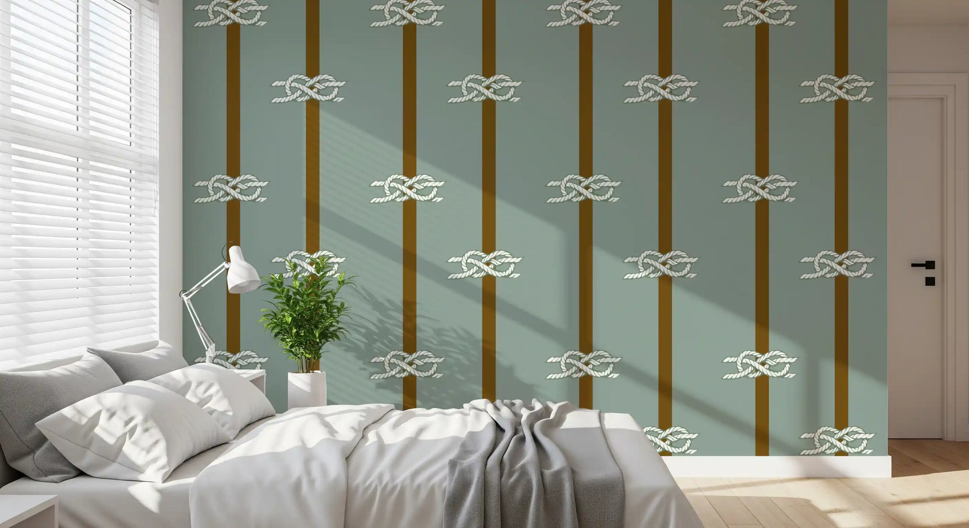 Repeating nautical rope and stripe wallpaper in sage green and olive tones in bedroom.