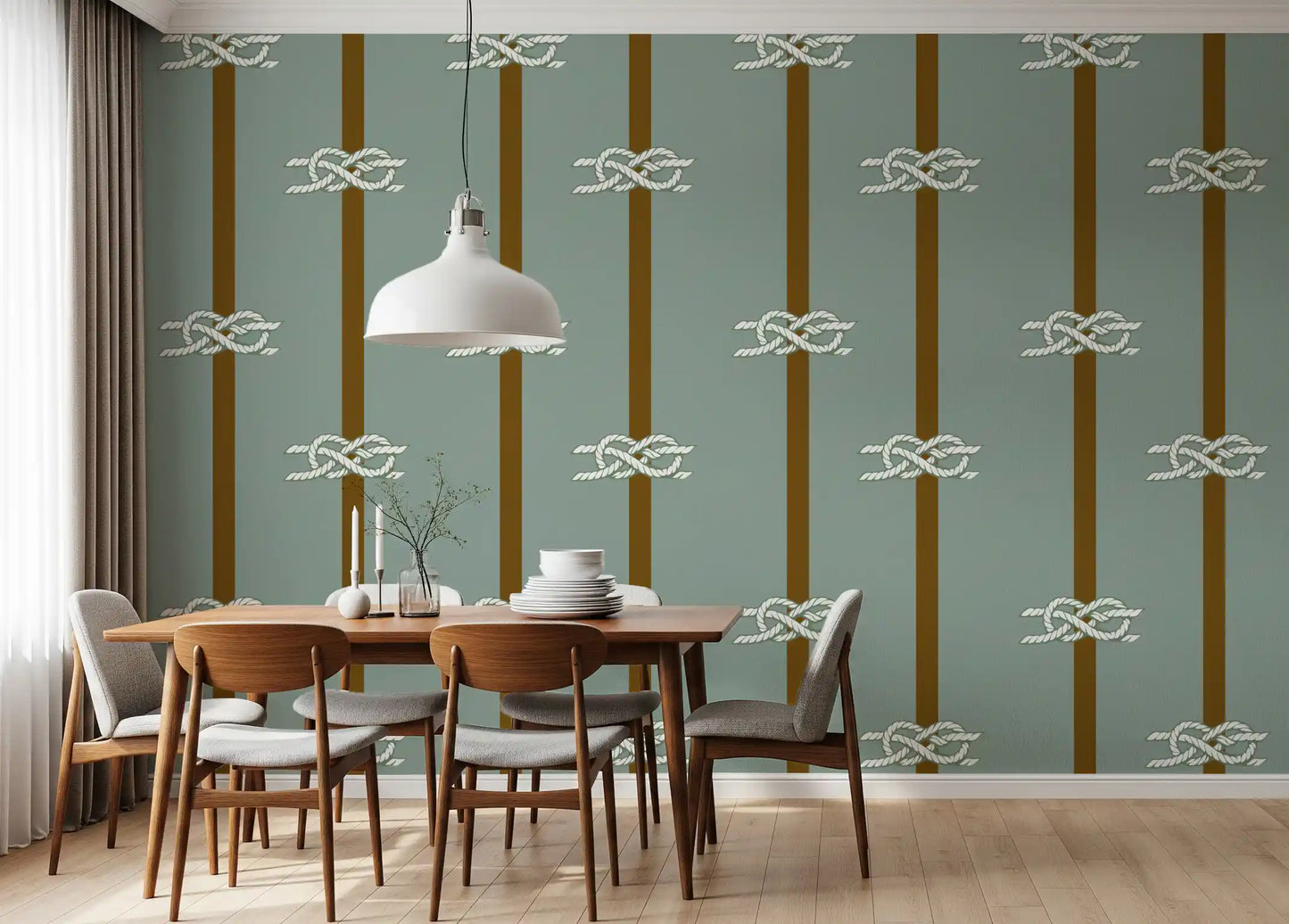 Sage green wallpaper with white sailor knots along olive brown stripe bands.