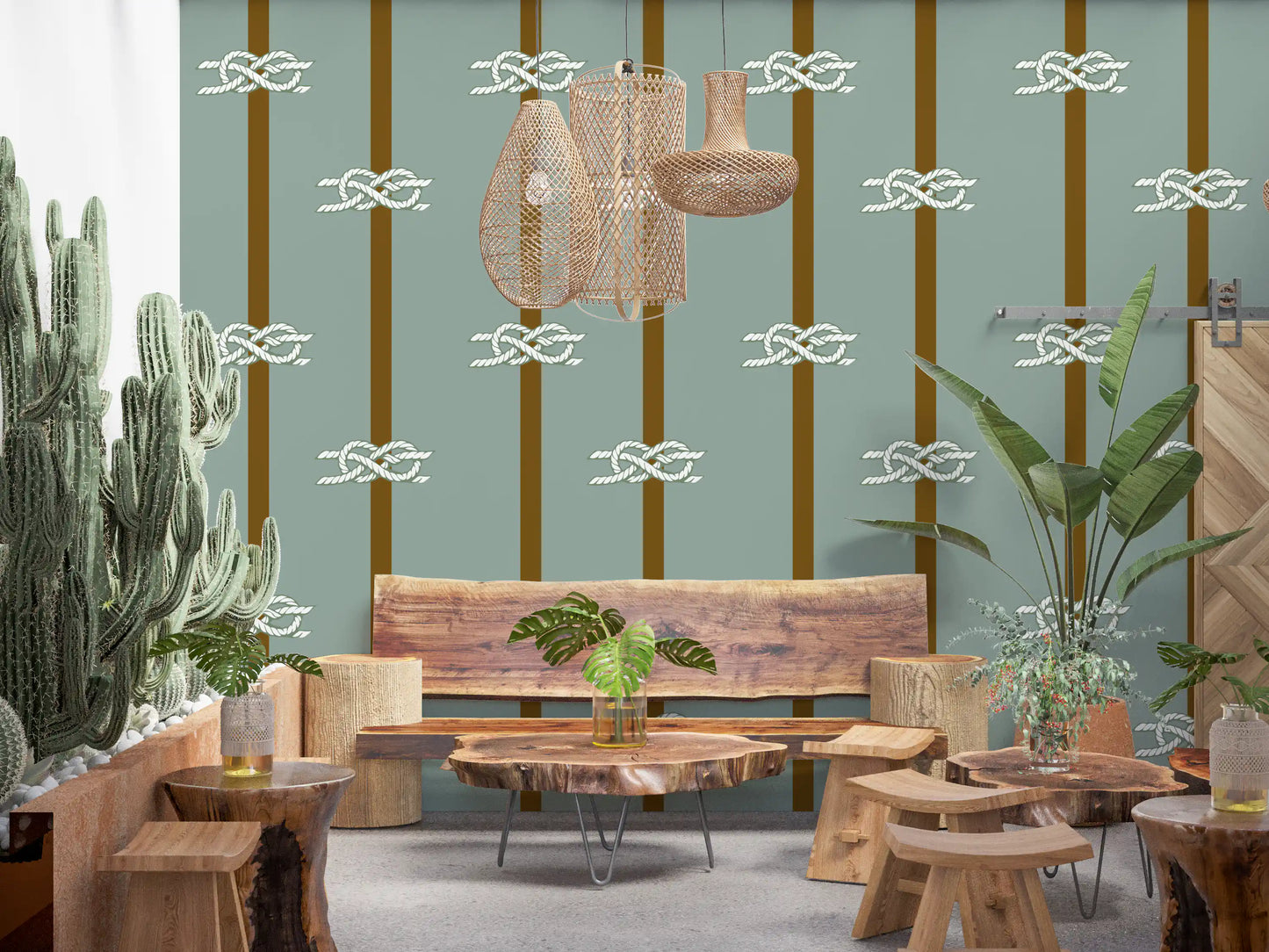 Coastal rope knot and stripe wallpaper in muted sage green and olive tones.
