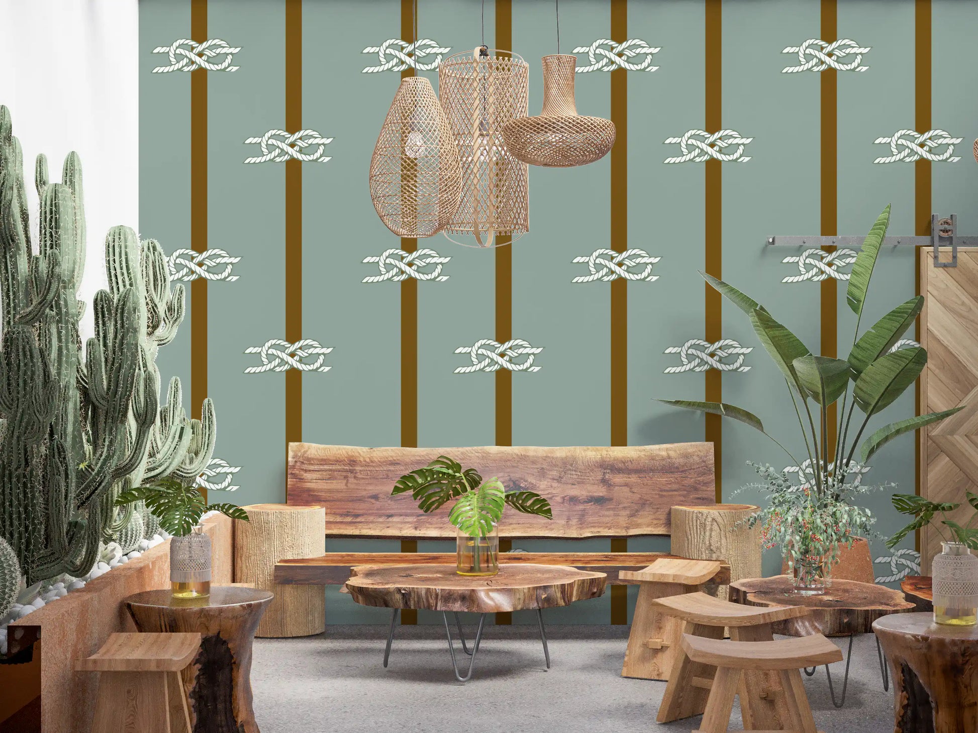 Coastal rope knot and stripe wallpaper in muted sage green and olive tones.