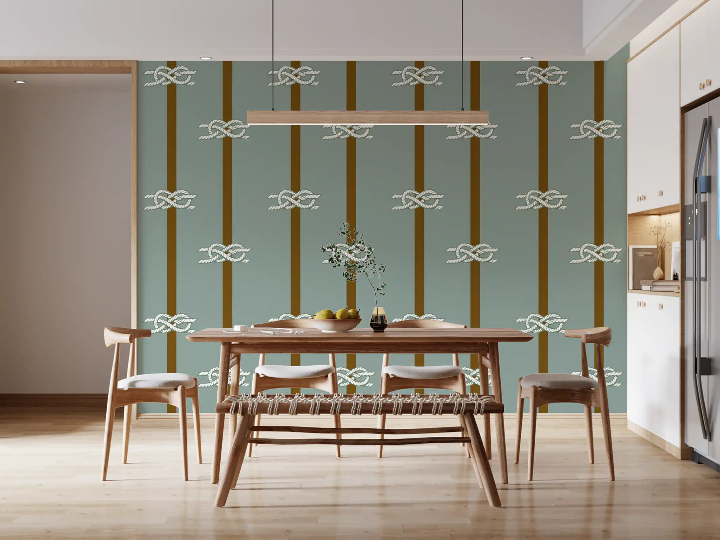 Nautical rope stripe wallpaper in a dining room with sage green tones.