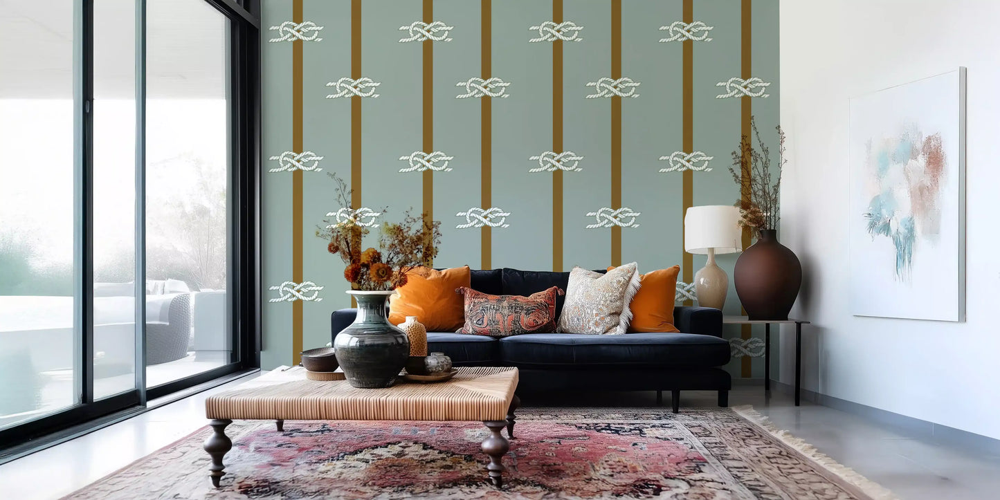 Olive vertical stripes with white rope knot motifs on green nautical wallpaper.