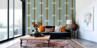 Olive vertical stripes with white rope knot motifs on green nautical wallpaper.