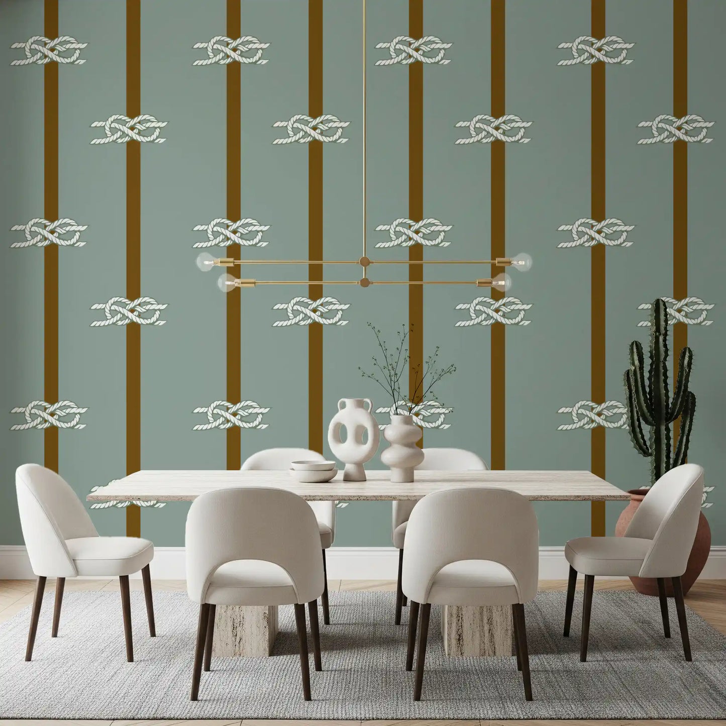 Coastal rope knot and stripe wallpaper in muted sage green and olive tones.