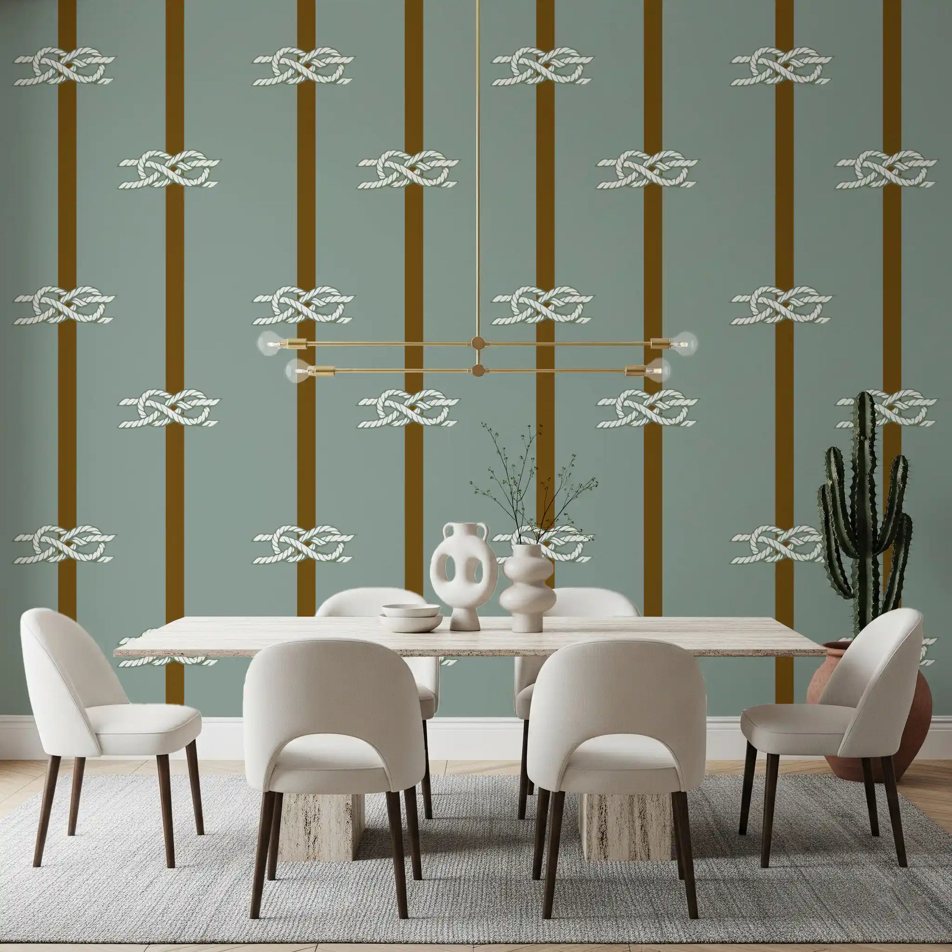 Coastal rope knot and stripe wallpaper in muted sage green and olive tones.
