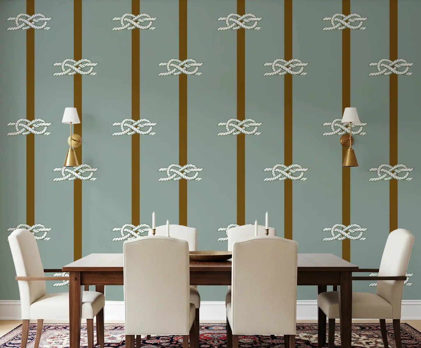 Sage green nautical wallpaper with rope knots in a dining room.
