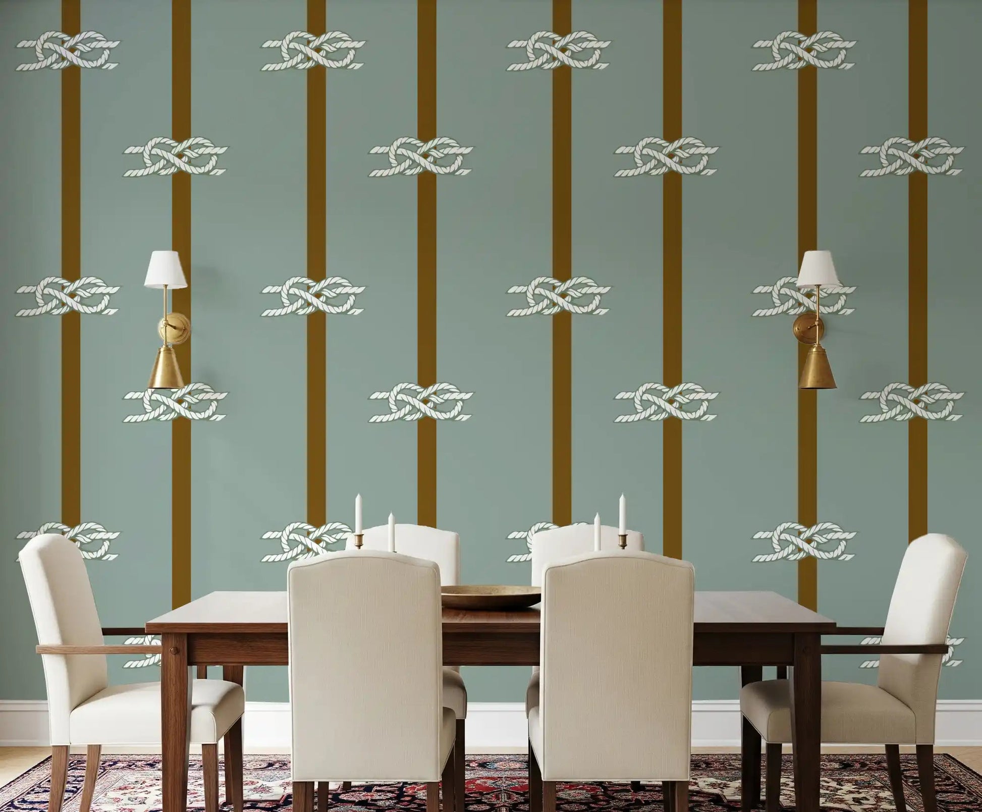 Sage green nautical wallpaper with rope knots in a dining room.