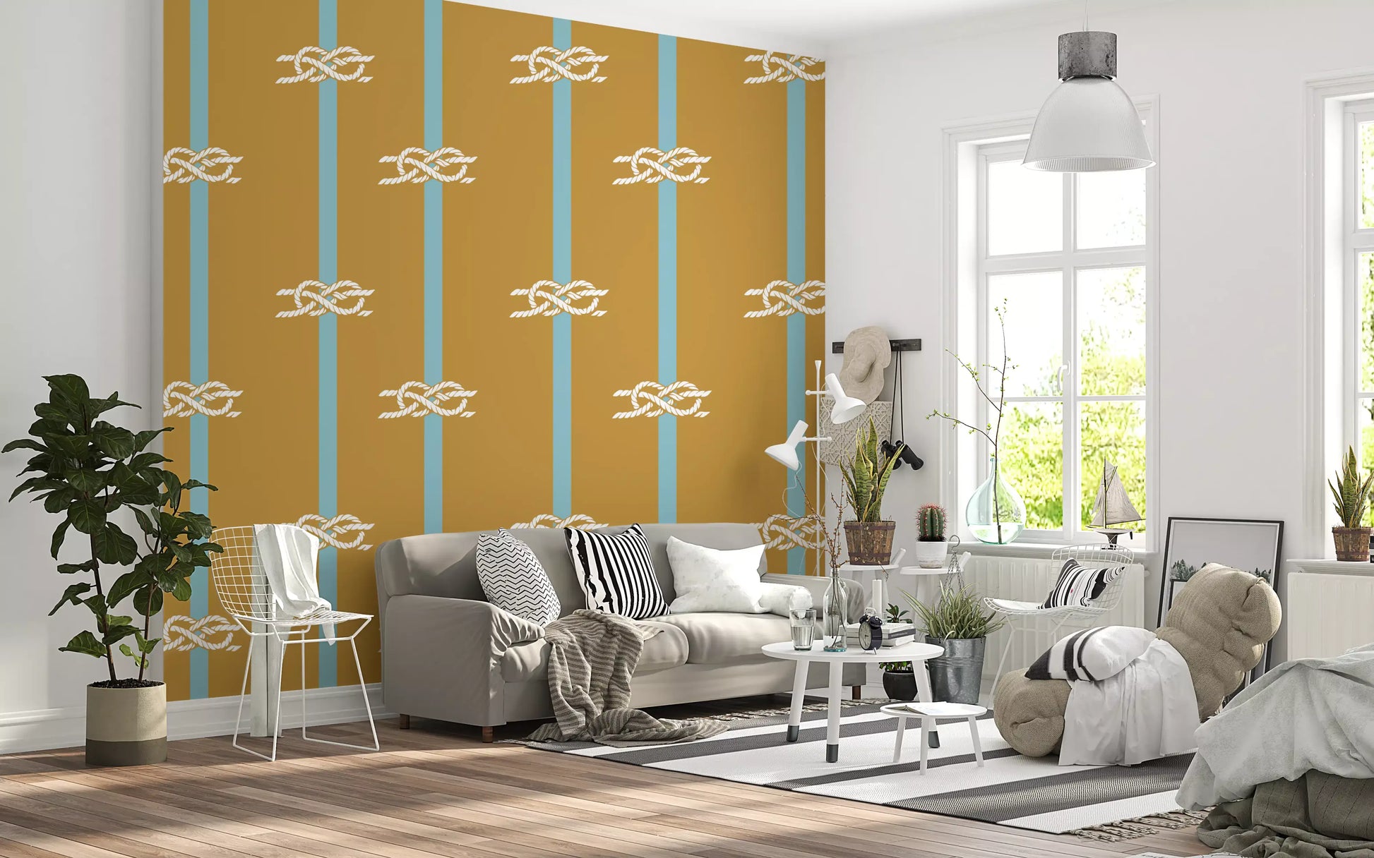 Wallpaper showing nautical rope knot pattern on mustard background.