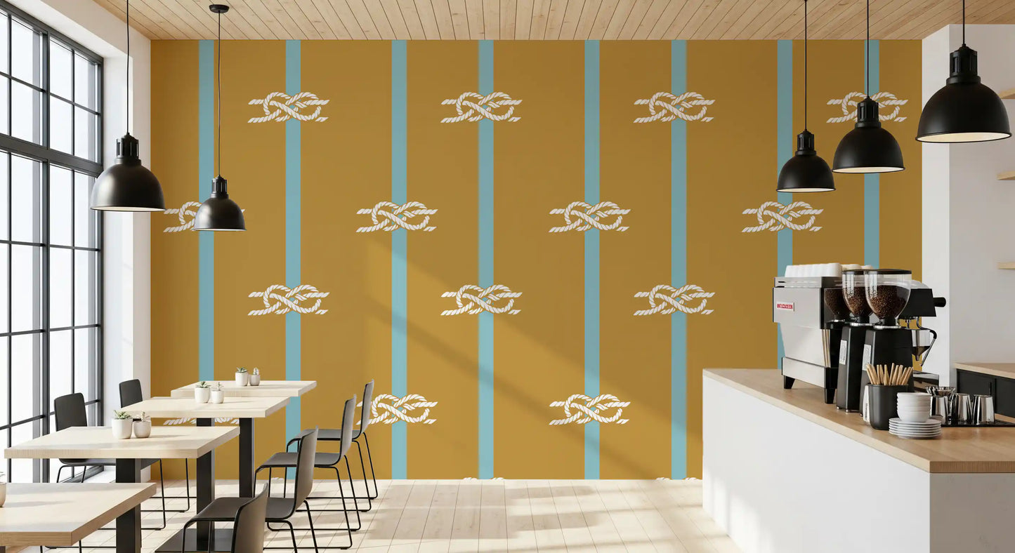 Nautical wallpaper pattern showing white rope knots on blue stripes.