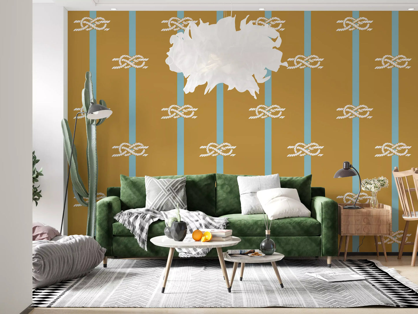 Mustard and sky blue striped wallpaper with repeating rope knot motifs.