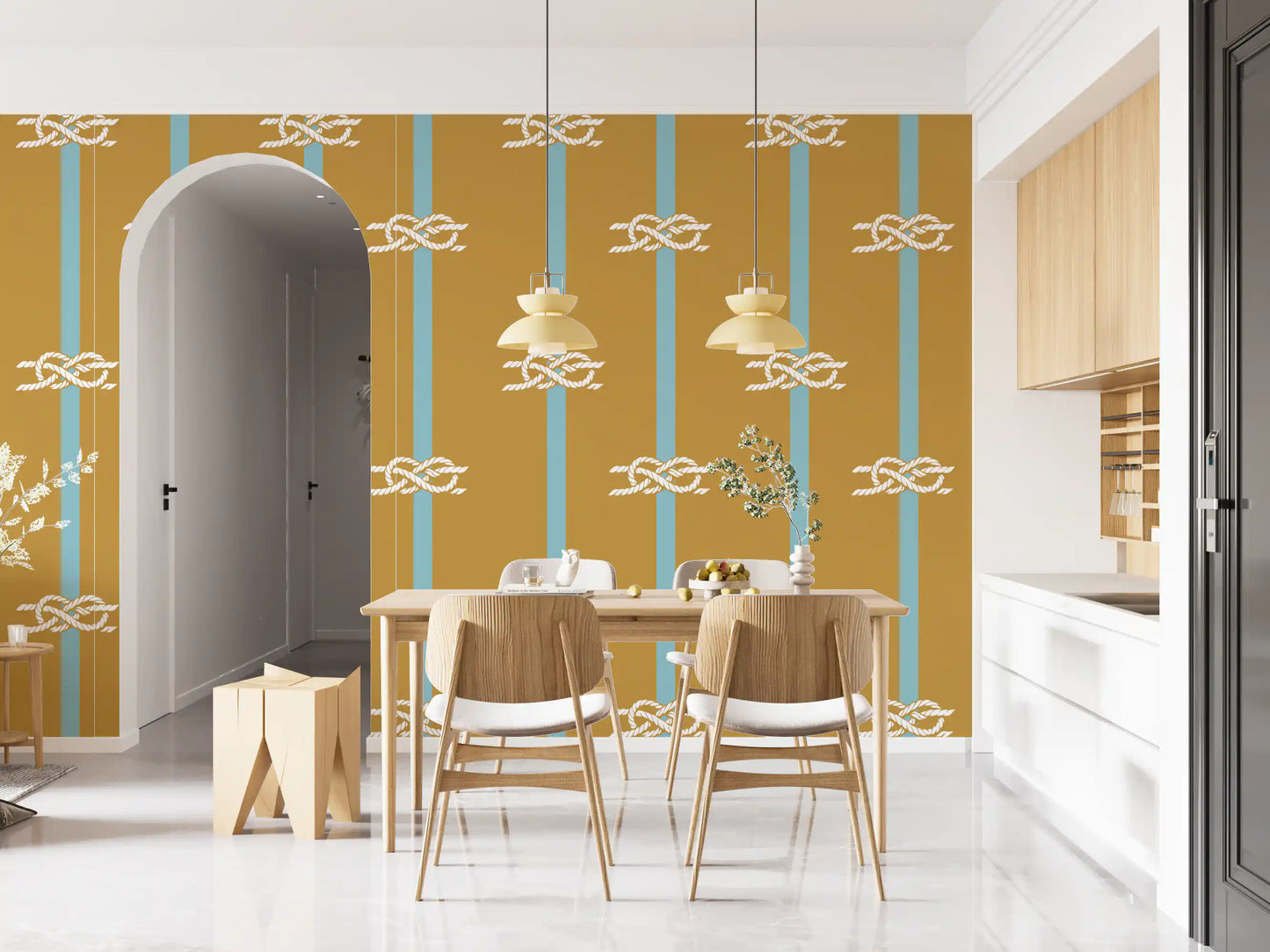 Sky blue vertical stripes with white rope knot motifs on mustard wallpaper.