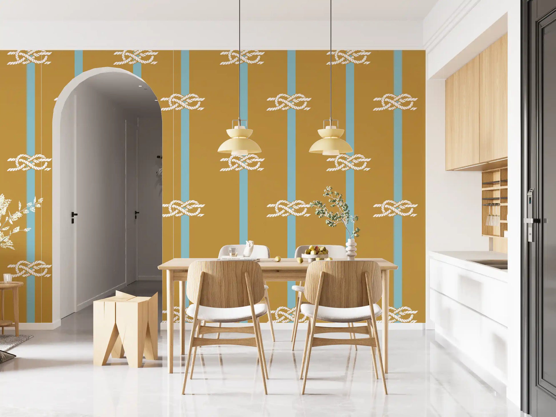 Sky blue vertical stripes with white rope knot motifs on mustard wallpaper.