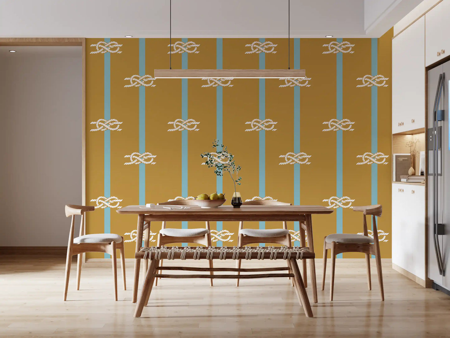 Mustard wallpaper with white sailor knots along sky blue stripe bands in dining room.