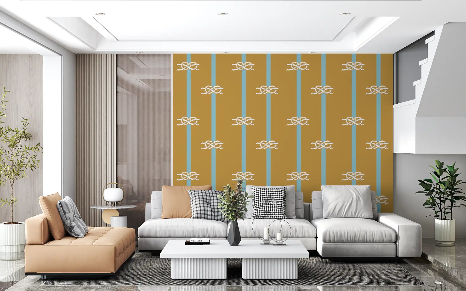White sailor knots on mustard and sky blue striped wallpaper in living area.