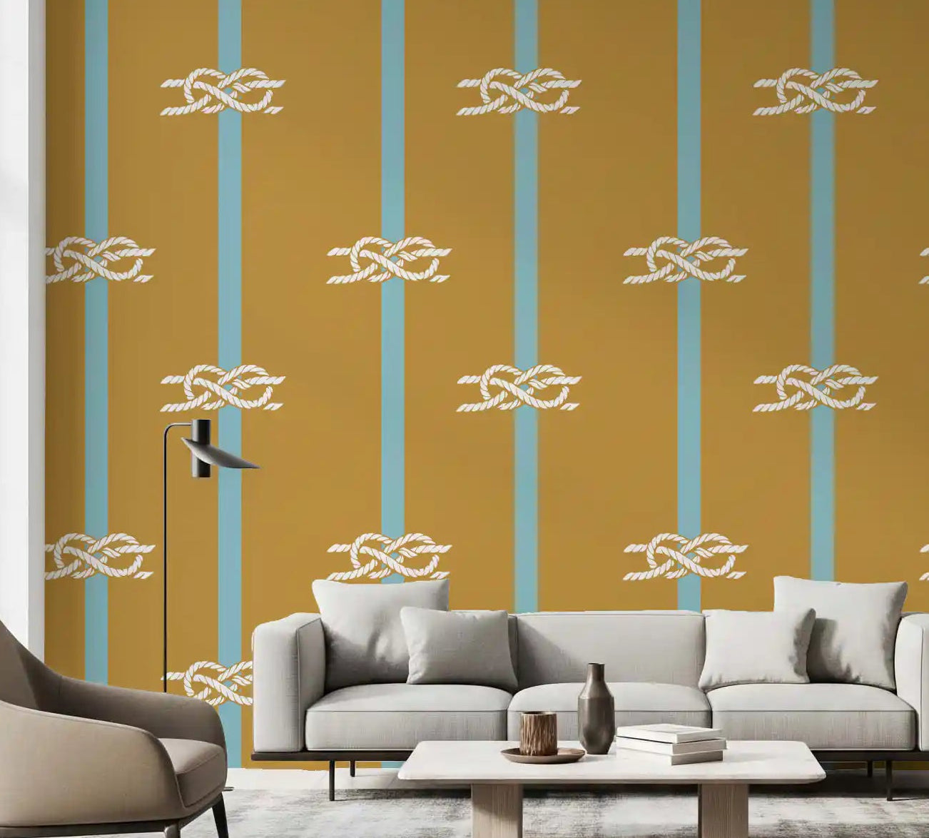 Mustard nautical wallpaper with rope knots in a living room setting., GD10583