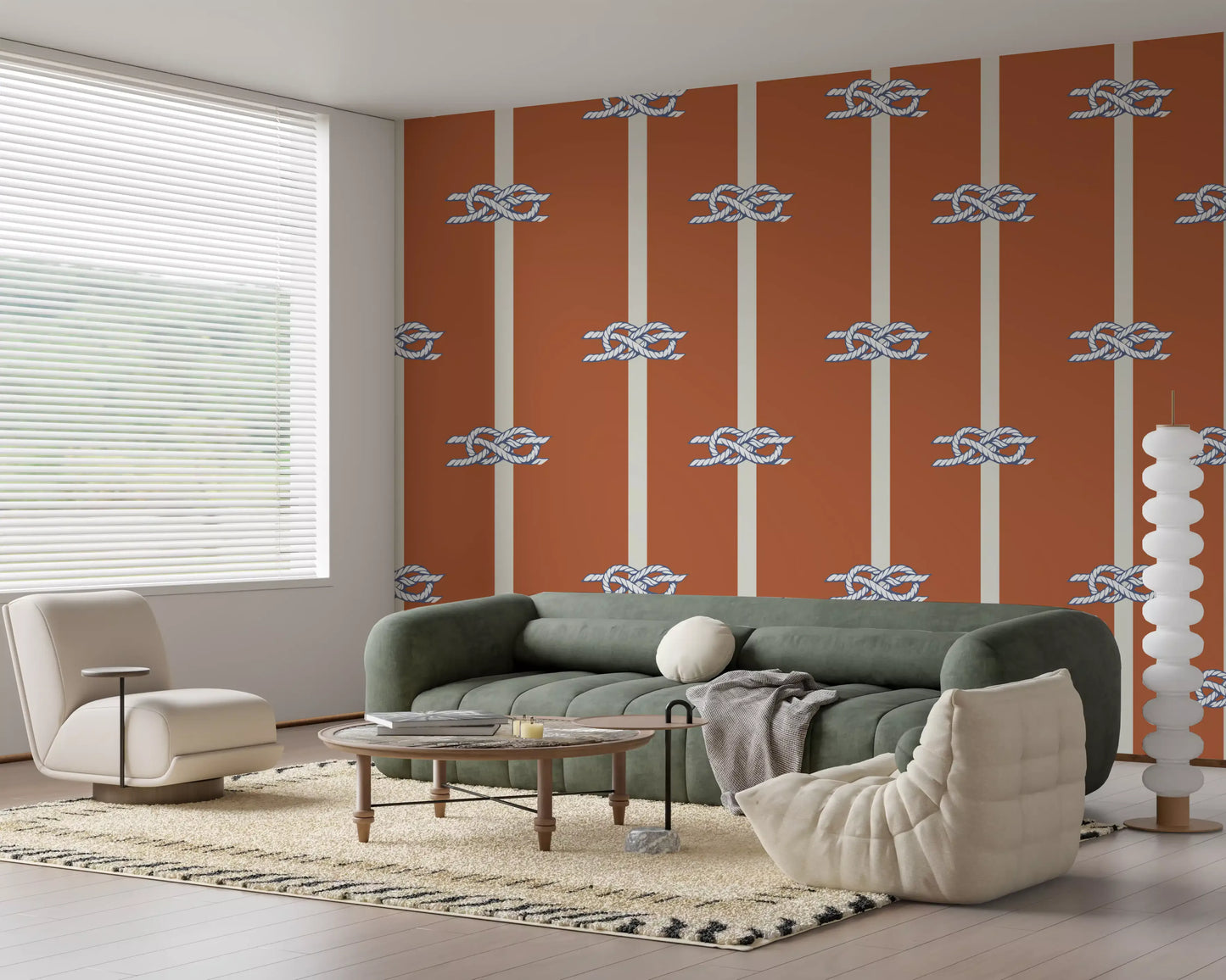 Rope knot wallpaper with cream stripes on rust background