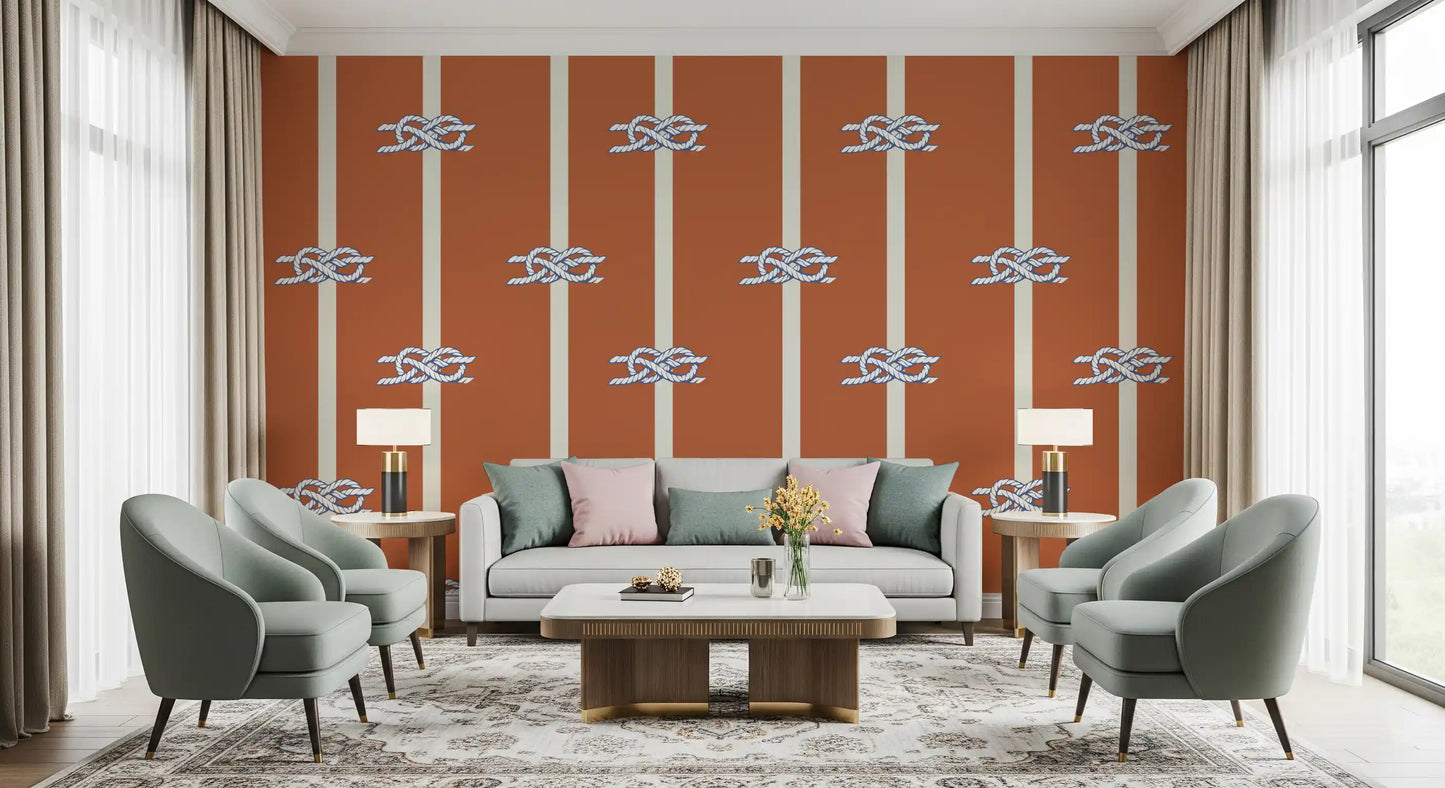 Living room nautical rope wallpaper in terracotta and navy 