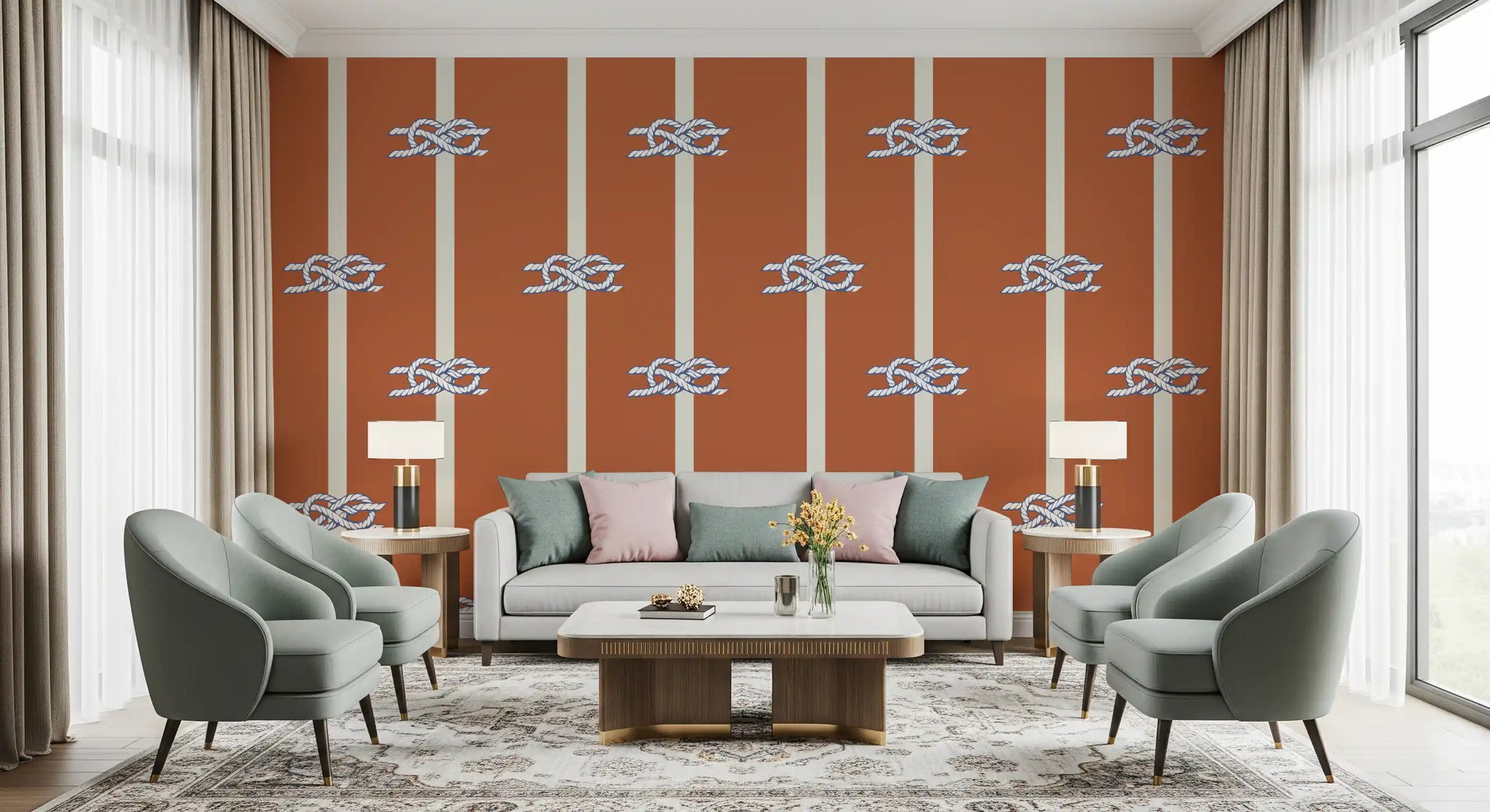 Living room nautical rope wallpaper in terracotta and navy 
