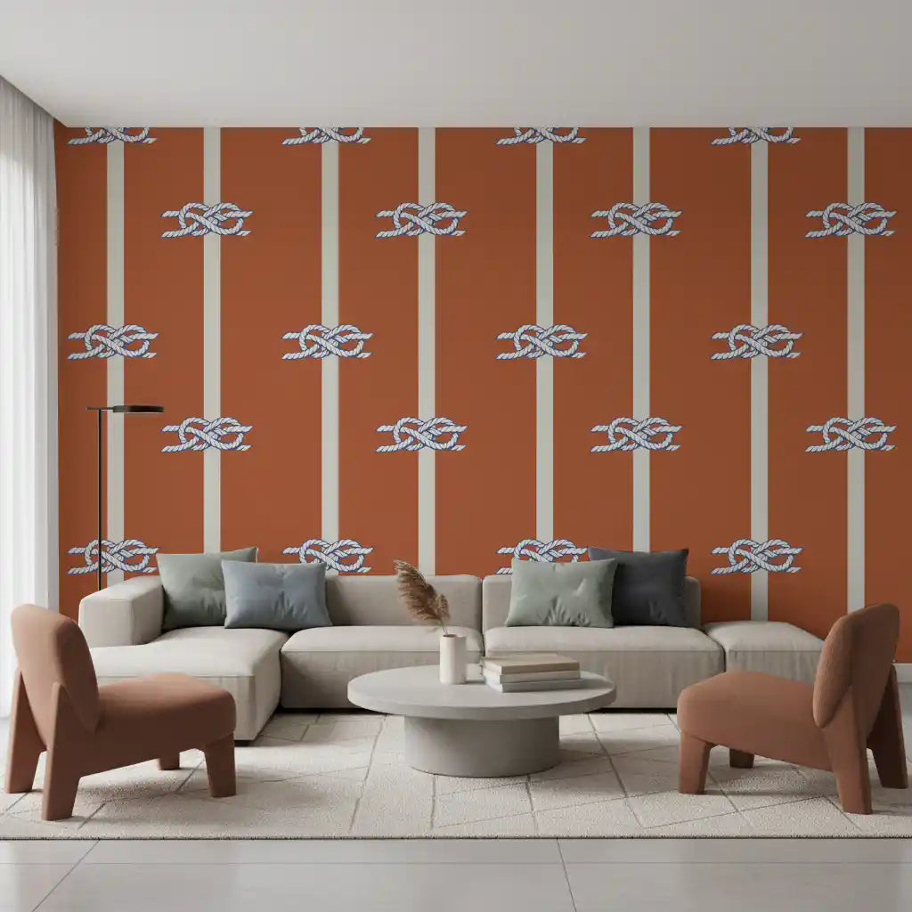 Matte finish rope stripe wallpaper in terracotta and cream