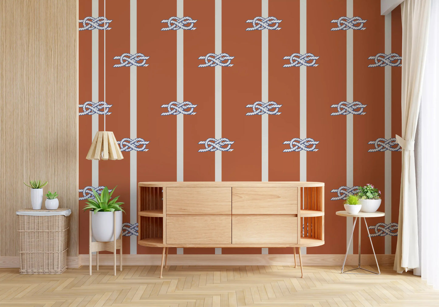 Maritime rope wallpaper in rust orange and deep navy