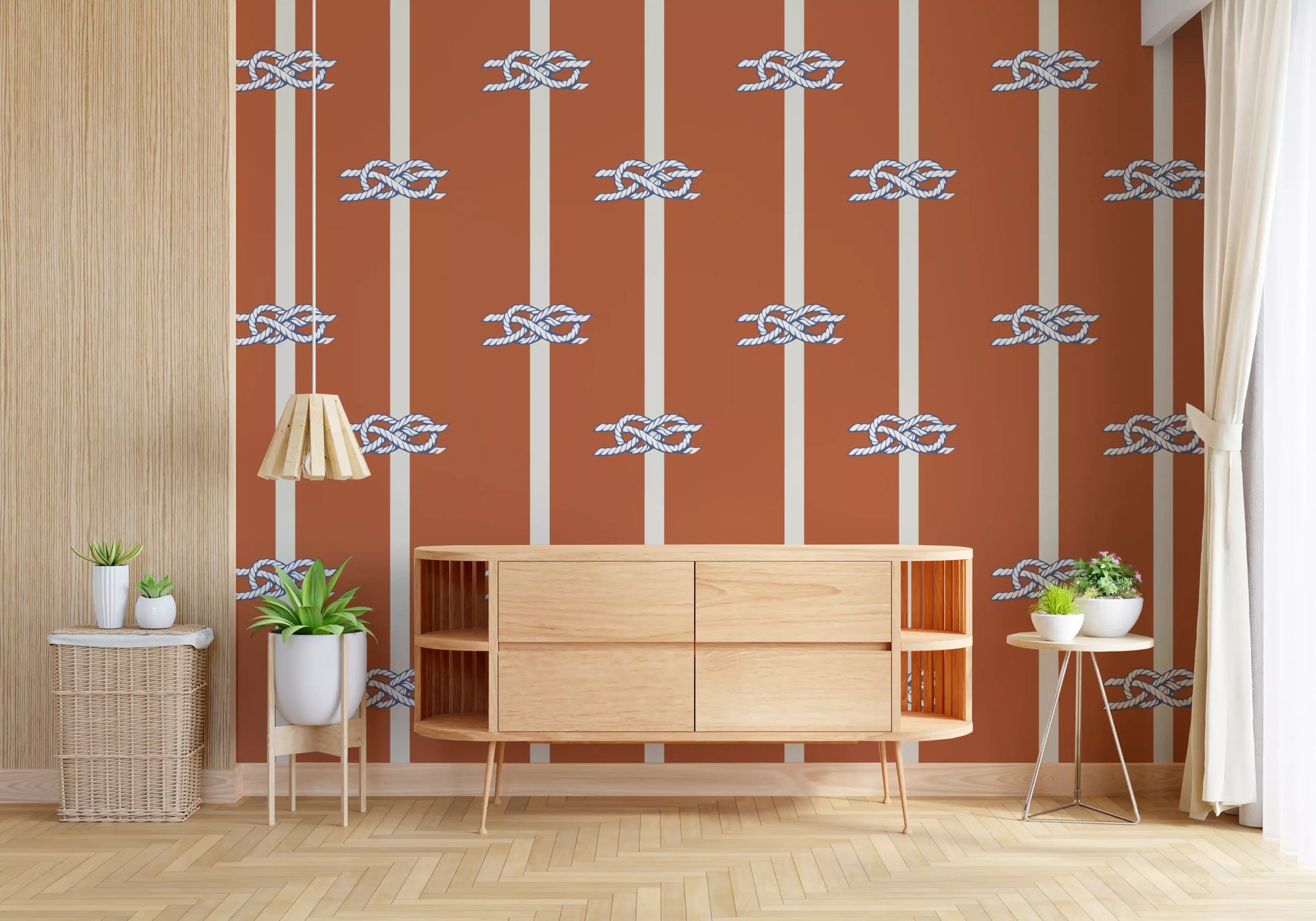 Maritime rope wallpaper in rust orange and deep navy