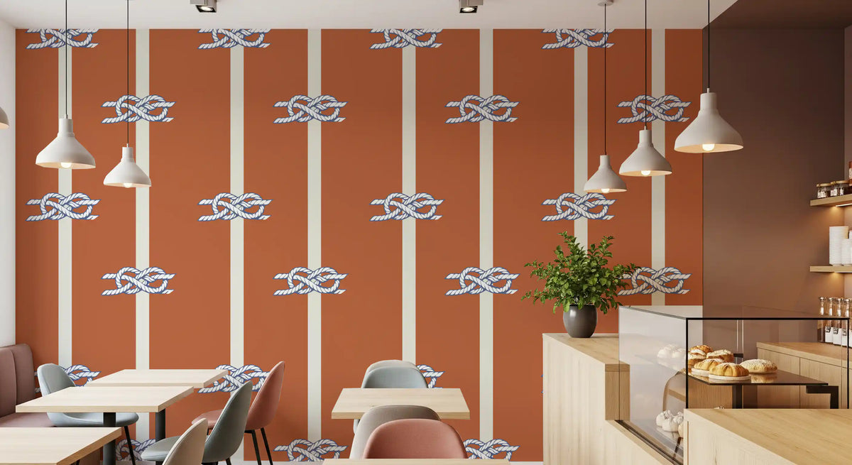Nautical rope wallpaper with navy knots on terracotta orange, GD10584