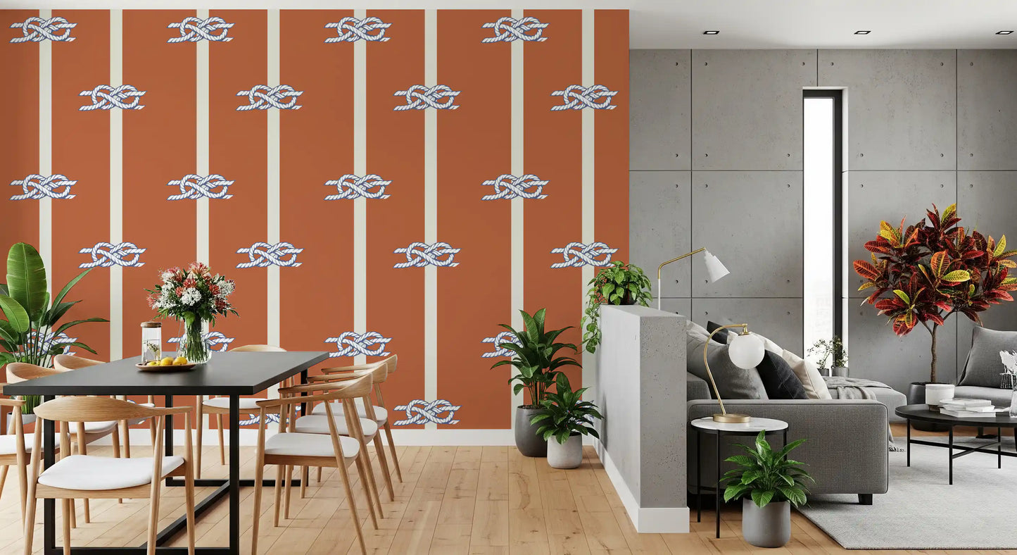 Coastal rope stripe wallpaper in orange and ivory tones 