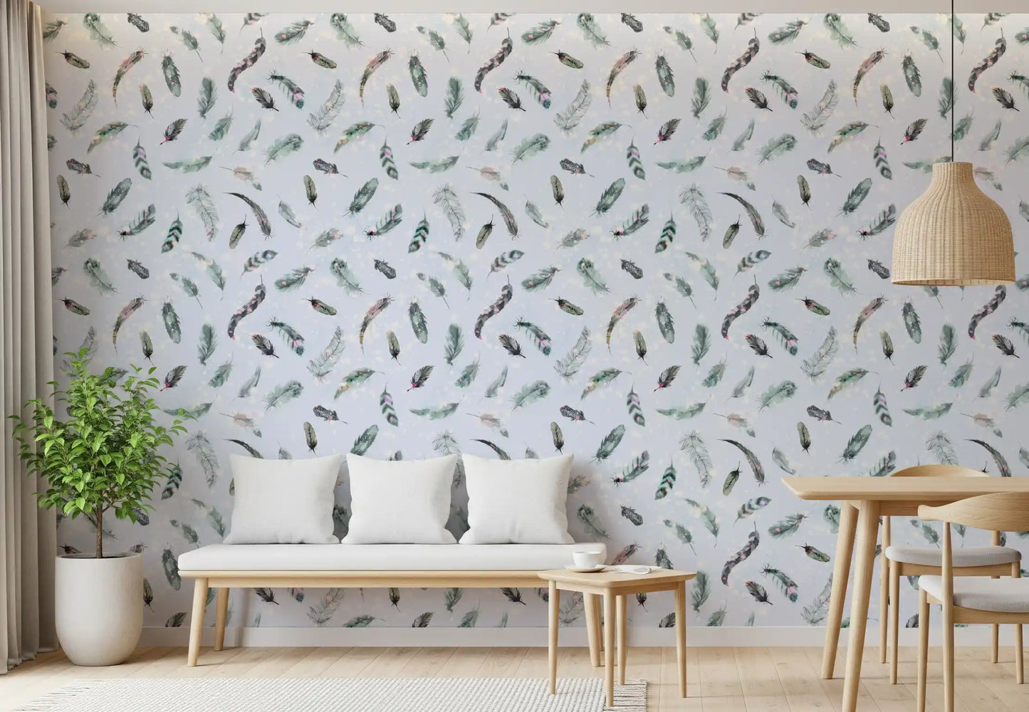 Matte finish feather wallpaper in pale blue and sage, GD10585