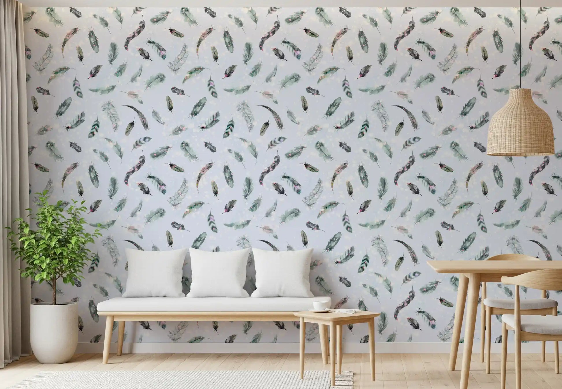 Matte finish feather wallpaper in pale blue and sage, GD10585