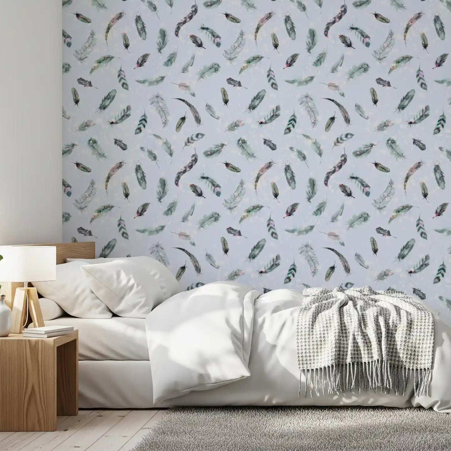 Dusty rose and grey feather pattern wallpaper on blue, GD10585