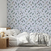 Dusty rose and grey feather pattern wallpaper on blue, GD10585