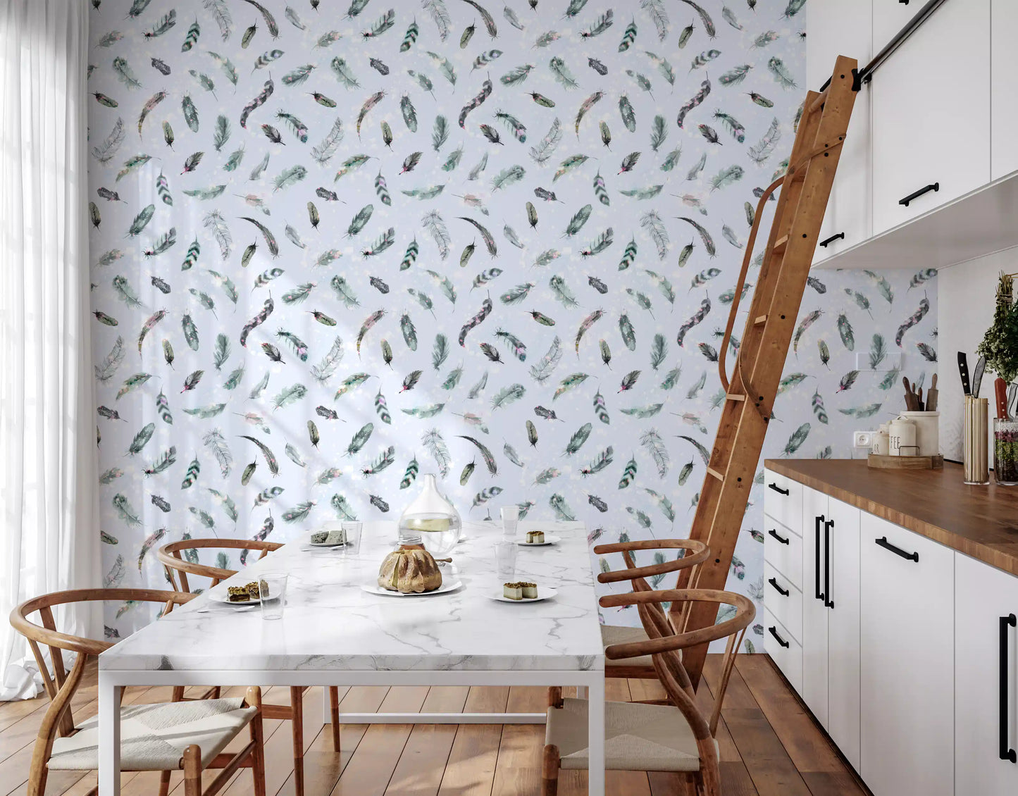Sage and charcoal feather wallpaper on soft blue background, GD10585