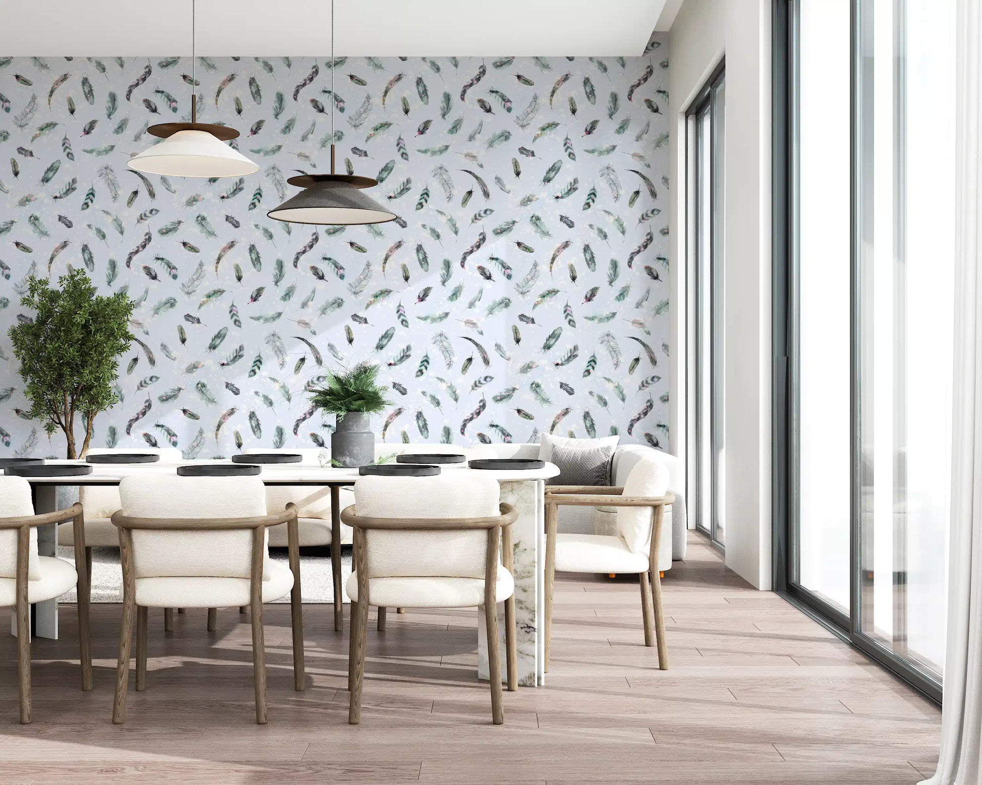 Airy watercolour feather wallpaper with speckled detail, GD10585