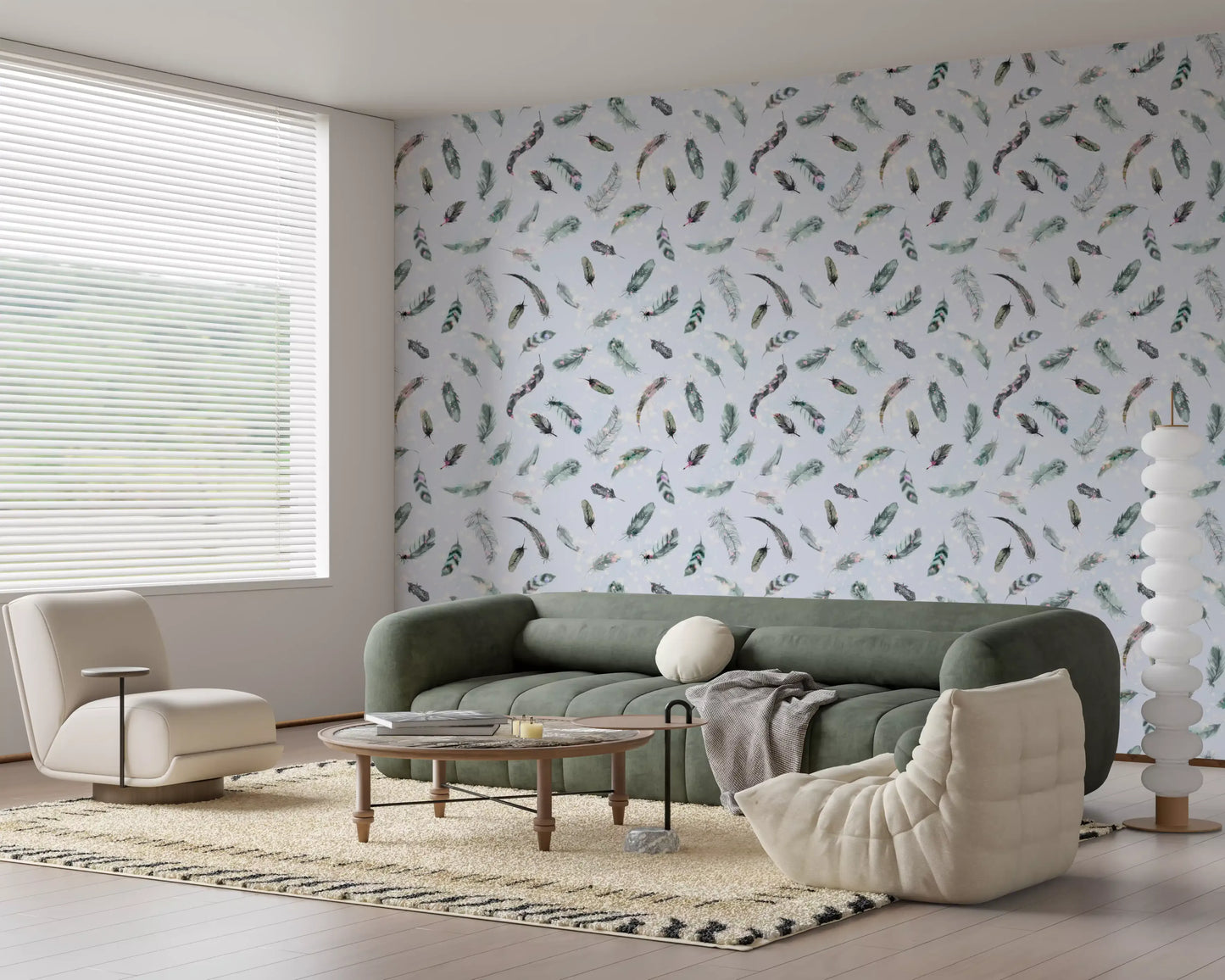 Watercolour feather wallpaper with pink and grey splashes, GD10585